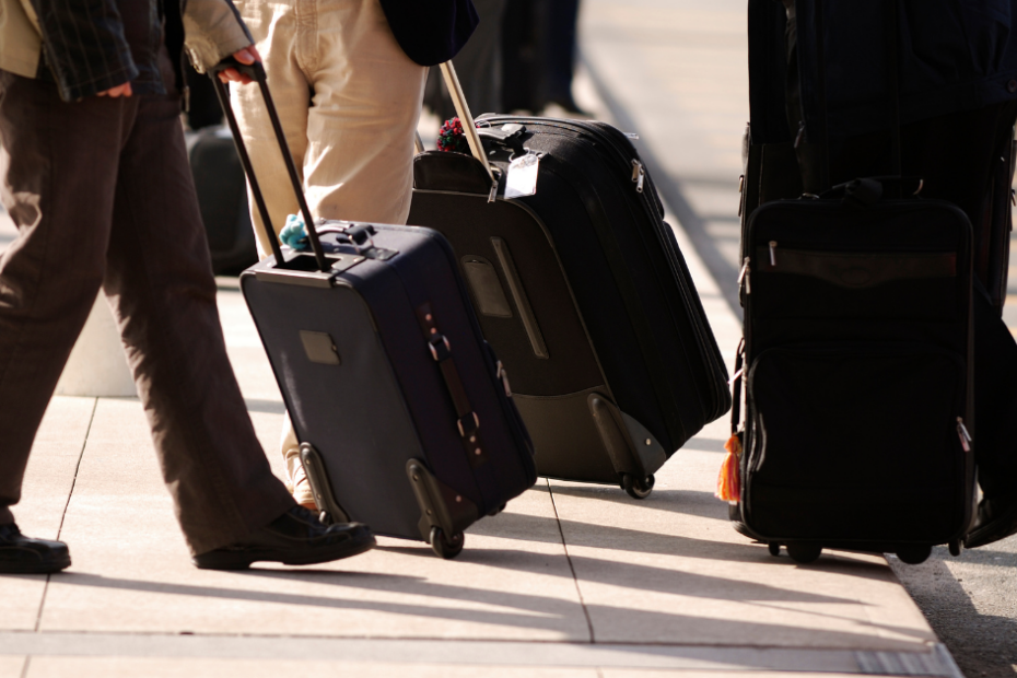 Person pushing luggage down street