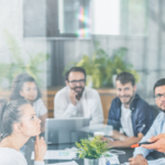 Employees gathered for a business meeting