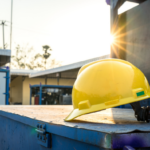 Hard hat on outside bin