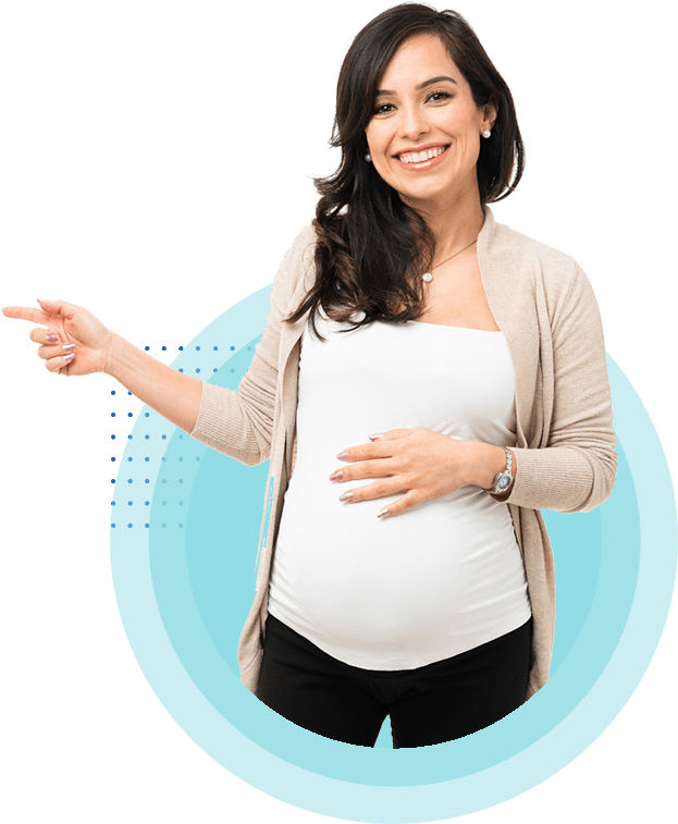 Pregnant employee pointing to left