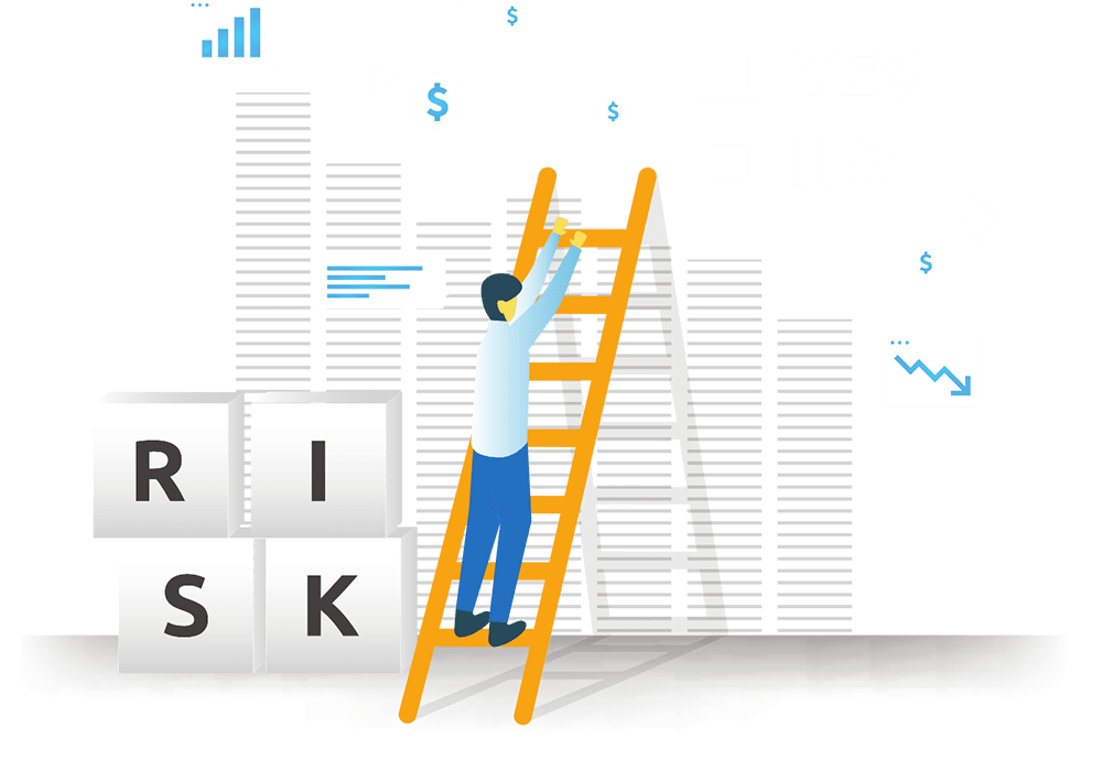 HR worker climbing ladder with blocks reading, Risk, on the ground