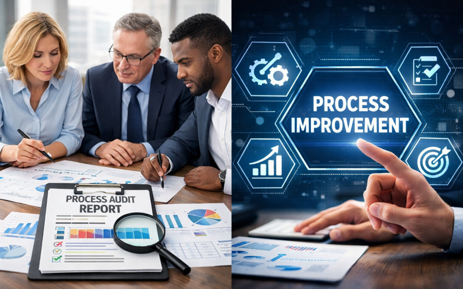 business associates at a conference room table looking at analytics reports