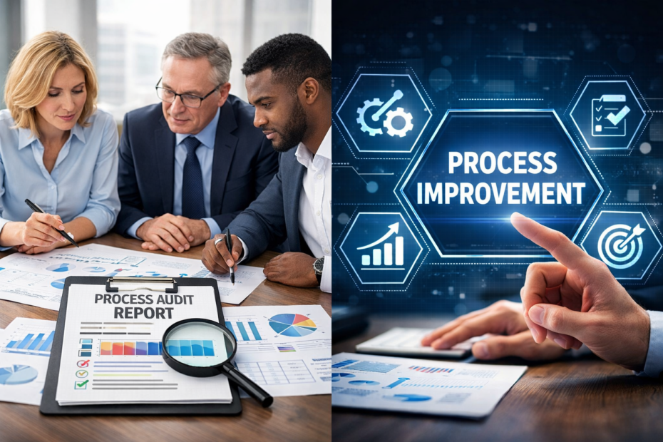 business associates at a conference room table looking at analytics reports