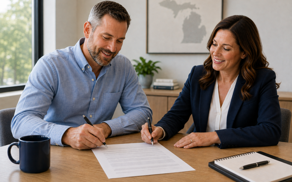 business people at desk signing an agreement with image of Michgian on the wall