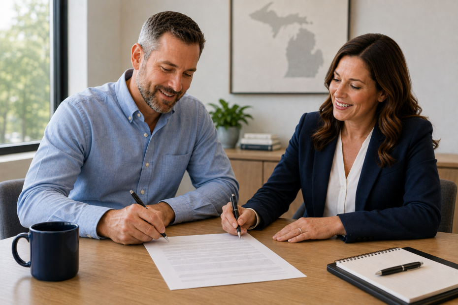 business people at desk signing an agreement with image of Michgian on the wall